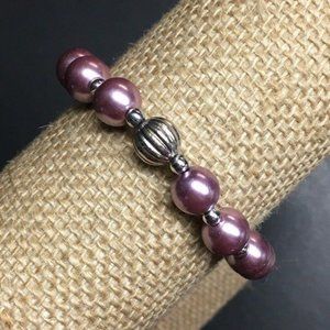 Metallic Pearl Stretch Bracelet Pink Silver Ribbed Bead Retro BoHo